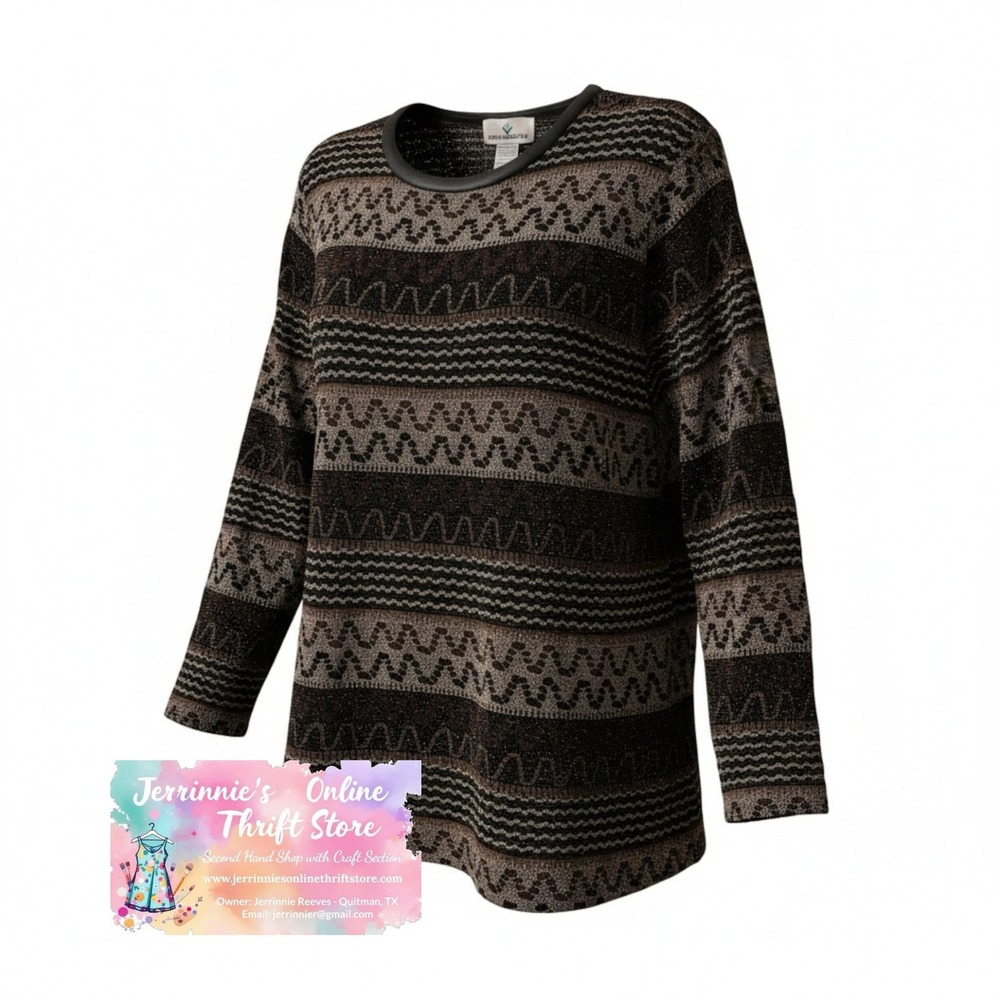Erin London Womens 1X Lurex Metallic Knit Top Long Sleeve Zig Zag‎ Bronze Black